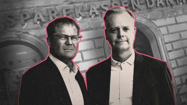 Kim Mouritsen (tv) og Lars Thomsen deler posten som adm. direktør i Sparekassen Danmark, der har fusioneret 17 gange siden 2001. 