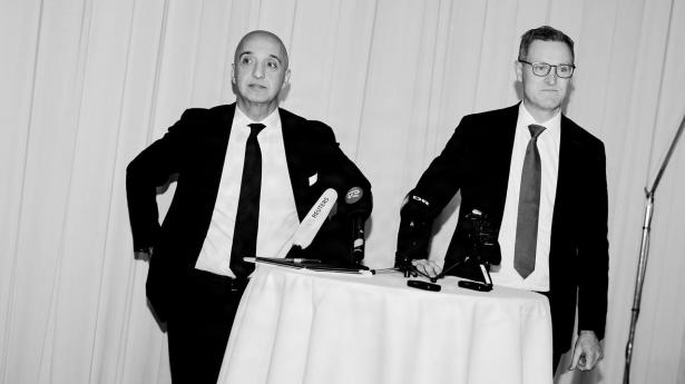 Novo Nordisks topchef Mike Doustdar (t.v.) og finansdirektør Karsten Munk Knudsen blev især mødt med spørgsmål om vægttabspillen Wegovy i forbindelse med regnskabsaflæggelsen onsdag. Her ses de ved en tidligere regnskabspræsentation.