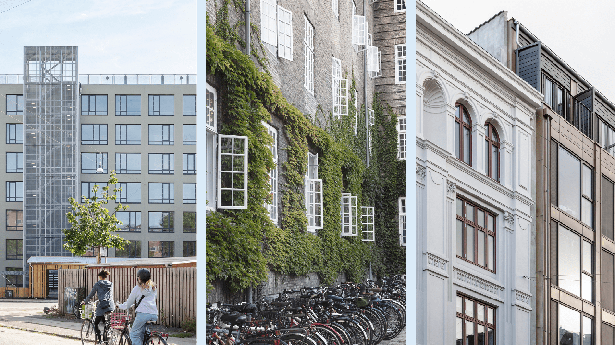 OLIEBLADSGADE 8 (tv.): Fra bankarkiv til ungdomsboliger. I samarbejde med Bloch Ejendomsadministration og Gefion Group. / SØLVGADE KASERNE (i midten): Fra kaserne til ungdomsboliger. I samarbejde med EjendomsSelskabet Norden. / ST. KONGENSGADE 100 (th.): Fra politistation til ungdomsboliger. I samarbejde med Gefion Group.