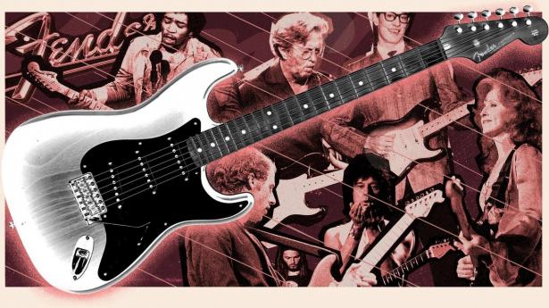 Form og funktioner på en Fender Stratocaster har ikke ændret sig meget, siden den blev opfundet i 1954. Og listen over ikoniske stjerner – her fra øverste venstre hjørne og med uret rundt Jimi Hendrix, Eric Clapton, Buddy Holly, Bonnie Raitt, Jeff Beck, David Gilmour og Mark Knopfler – der skylder en Strat ret meget, er lang.