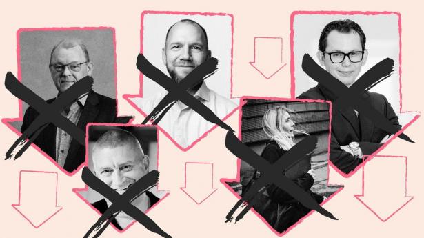 Fra venstre: Steen Thygesen, tidligere adm. direktør i Audientes, Flemming Videriksen, der var direktør i nu konkursramte Decideact, Rene Østergaard Palne, adm. direktør i Led Ibond, Hanne Vissing Leth, tidligere finansdirektør i konkursramte Brain+, og Jeppe Krog Rasmussen, tidligere adm. direktør i Dancann Pharma.