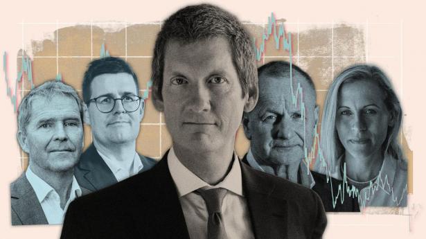 Et markant dollarfald splitter investorer. Nogle anbefaler at reducere eksponeringen mod USA, andre holder fast. Fra venstre: investeringsdirektør i Danica Pension Poul Kobberup, chefstrateg i Velliv Frederik Romedahl, strategichef for udviklede markeder i Amundi Investment Institute Guy Stear, Steen Jakobsen, makrorådgiver, og Pernille Jessen, investeringsdirektør i AP Pension.