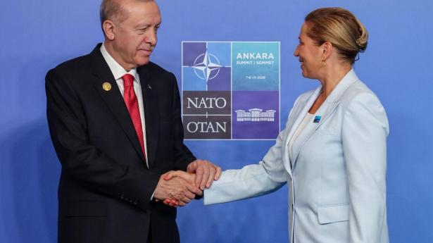 Tyrkiets præsident, Recep Tayyip Erdogan, hilser her på Mette Frederiksen under Nato-topmødet i landets hovedstad, Ankara.