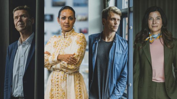 De fire nominerede. Øverst ses Jesper Hjulmand, Andel, Sheela Søgaard, BIG, Jeppe Rindom, Pleo og Nana Bule, Microsoft. Nederst ses  og . Foto: pr