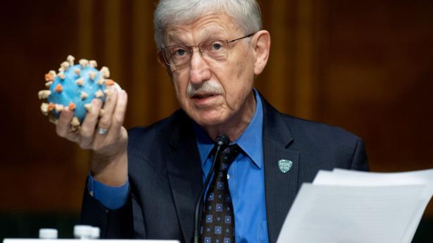 Francis Collins, direktør for National Institutes of Health (NIH), der står for den amerikanske regerings vaccineindsats, med en model af coronavirussen. Arkivfoto: Pool/Reuters/Ritzau Scanpix