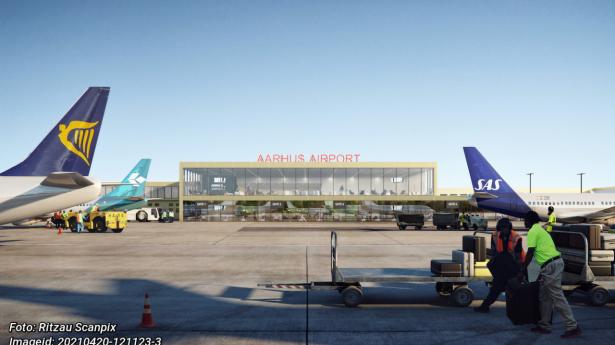 Sådan vil Aarhus Airport komme til at fremstå for passagerer og flybesætninger ved ankomst eller afgang i fremtiden. Simulationsfoto: Aarhus Airport.