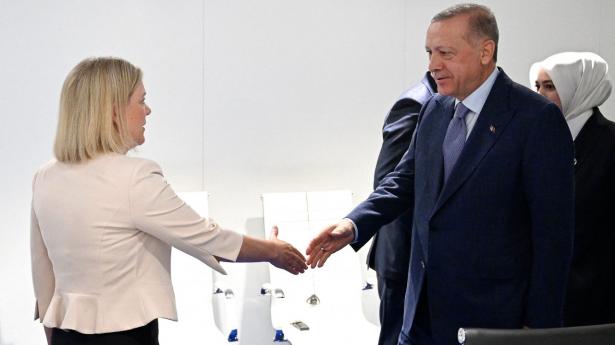 Tyrkiets præsident, Recep Tayyip Erdogan, på vej i et håndtryk med Sveriges statsminister, Magdalena Andersson. Foto: Henrik Montgomery/AFP/Ritzau Scanpix
