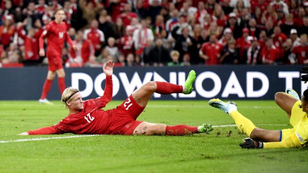 Kasper Dolberg scorer mod Frankrig i Nations League i Parken 25. september 2022. Lad os håbe, at han gør det igen, når vi møder verdensmestrene i Qatar. Arkivfoto: Fabian Bimmer/Ritzau Scanpix