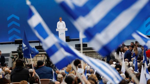 Premierminister Kyriakos Mitsotakis, Nyt Demokrati, taler i Heraklion, Kreta, inden parlamentsvalget søndag. Foto: Louiza Vradi/Reuters/Ritzau Scanpix