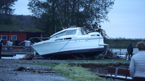 Stormfloden har natten til lørdag skyllet en båd ind på land ved Lolland-Falsters kyst.