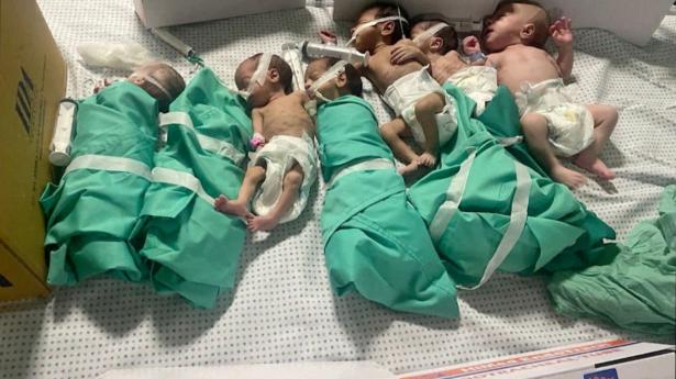 Nyfødte børn er taget ud af kuvøser i Gazas Al-Shifa-hospital, hvor der ikke længere er strøm. Foto: Obtained By Reuters/Reuters/Ritzau Scanpix
