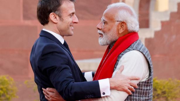 Den franske præsident Emmanuel Macron besøgte den indiske premierminister Narendra Modi i slutningen af januar. Foto: Ludovic Marin/AFP/Ritzau Scanpix
