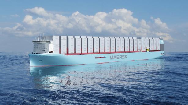 Mærsks nye containerskibe, der kan sejle på grøn metanol, får et lidt andet design end de gængse skibe. PR-foto.