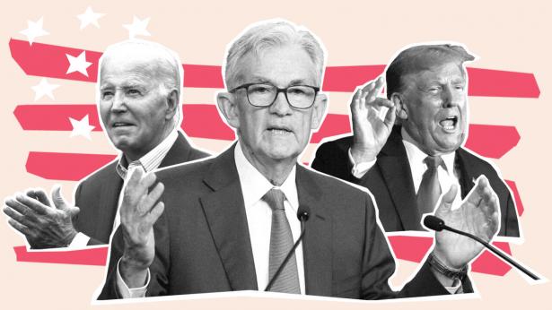 Joe Biden (t.v.) er præsident i USA. Jerome Powell (mf.) er centralbankchef. Donald Trump (t.h.) kæmper for at genvinde præsidentposten. Arkivfotos: Kevin Lamarque/Reuters, Leah Millis/Reuters, Joe Raedle/AFP/Ritzau Scanpix. Illustration: Michaël Dorbec