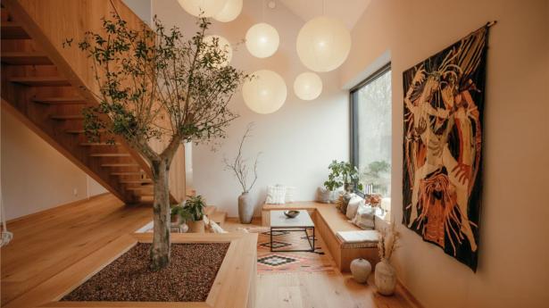 Det store træ er et oliventræ. Bænken under vinduet er indbygget. Hynder har parret fået lavet hos Curtain.dk, ligesom gardinerne også er herfra. Vægtæppet er lavet af kunstneren Paula Viitanen. Det lille bord er fra Jysk. Lamperne i loftet er fra Hay.