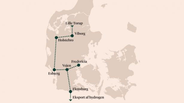 Sådan ser de foreløbige planer ud for et dansk rør, der skal transportere brint til Tyskland. I øjeblikket revurderes udkastet dog hos Energinet, som undersøger mulighederne for at etablere brintrøret trinvist.
Kilde: Energinet. Grafik: JAG