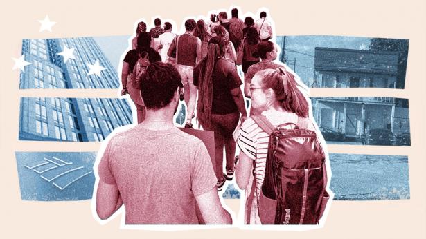 Studerende og veluddannede amerikanere valfarter til sydstaten North Carolina. Faktisk er de mange tilflyttere ved at ændre stemmemønstrene i den afgørende svingstat. Arkivfoto: Yasmin Khoedaei/AP/Ritzau Scanpix, Chris Keane/Bloomberg. Collage: Michaël Dorbec