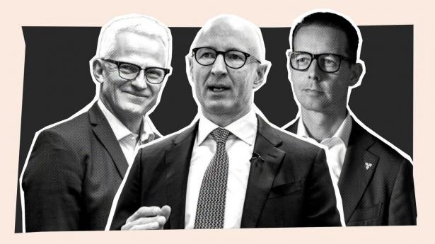 Topcheferne Jacob Aarup-Andersen, Carlsberg, Lars Fruergaard Jørgensen, Novo Nordisk, og Mads Nipper, Ørsted, står over for tre af tidens største udfordringer. Illustration: Aslak Kelkka. Originalfotos: Simon Fals, Thomas Lekfeldt og Mads Claus Rasmussen/Ritzau Scanpix