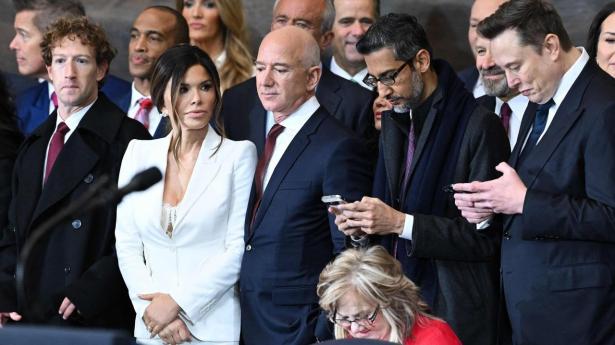 Mark Zuckerberg, left, along with Jeff Bezos, centre, Google’s Sundar Pichai, second from right, and at far right Elon Musk
