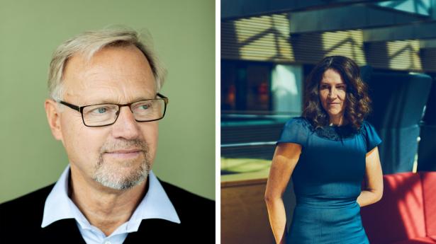 Anders Dam, ordførende direktør i Jyske Bank, kan glæde sig over, at Jyske Bank-aktien leverede det bedste afkast i 2022 i C25-indekset i 2022. Omvendt må Gitte Aabo, topchef i GN Hearing, ærgre sig over, at GN Store Nord skrabede bunden i år. Arkivfoto: Tor Birk Trads og Thomas Nielsen