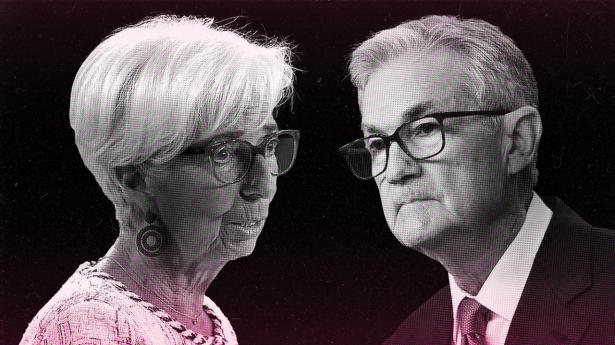 ECB-chefen Christine Lagarde indtager en mere afventende position end sin amerikanske kollega Jerome Powell. Arkivfotos: Brendan Smialowski/AFP/Ritzau Scanpix, Kai Pfaffenbach/Reuters/Ritzau Scanpix