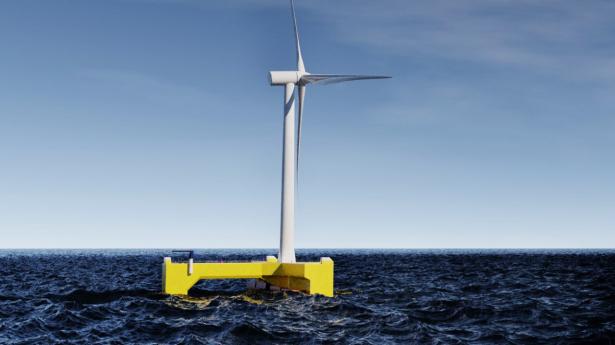 Platforme som denne skal, hvis det står til mastodonter som Ørsted og nye konkurrenter som Floating Power Plant, levere el i områder, hvor havdybden umuliggør konventionelle havvindmøller. Grafik: PR