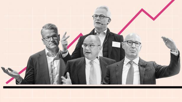 Fra venstre: Vincent Clerc, topchef i Mærsk, Henrik Andersen, topchef i Vestas, Mads Nipper, topchef i Ørsted og Lars Fruergaard, topchef i Novo Nordisk. Arkivfotos: Mads Claus Rasmussen, Thomas Traasdahl, Tim Kildeborg Jensen, Ida Marie Odgaard – Ritzau Scanpix. Illustration: Michaël Dorbec