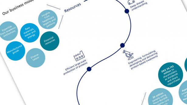 Novo Nordisk har tegnet virksomhedens forretningsmodel i deres årsberetning. Flere og flere store virksomheder præsenterer sig med en tegning i de nye årsberetninger. Grafik: Novo Nordisk