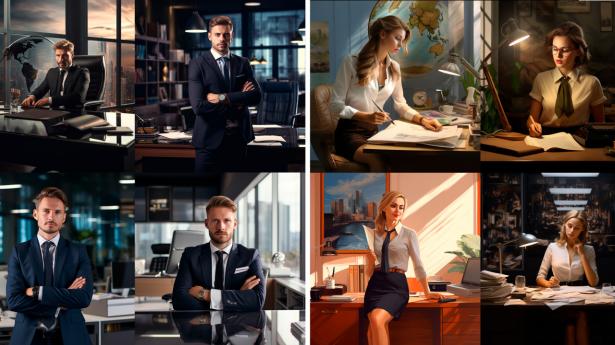 Vi bad det billedgenererende AI-værktøj Midjourney om lave et billede af “manager in modern office” og “secretary in modern office”, og dette var resultatet. Illustration: Illustration: Midjourney/Aslak Kelkka