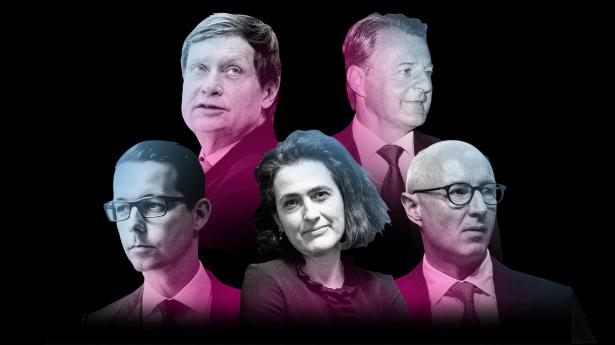 Med uret fra kl. 9: Jacob Aarup-Andersen, ISS, Thomas Thune Andersen, Ørsted, Alexander Lacik, Pandora, Lars Fruergaard Jørgensen, Novo Nordisk og Ester Baiget, Novozymes. Illustration: Aslak Kelkka. Arkivfoto: Andreas Vinther, Steven Achiam, Marie Bentzon, Magnus Møller og Thomas Nielsen