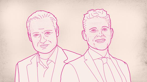 Carsten Valgreen, partner i rådgivningsvirksomheden AGM Research (t.v.) og Morten Lund (t.h.), der er cheføkonom i Skandinavien for J.P. Morgan, deler ikke samme syn på verdensøkonomien. Illustration: Aslak Kelkka