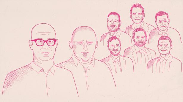 De seks PwC-partnere, Jørgen Rønning Pedersen, Thomas Bjerre, Claus Høegh-Jensen, Klaus Paakjær Okholm, 
Ulrik Ræbild og Michael Eriksen, har lånt omkring 100 mio. kr. ud til et ejendomsselskab, hvor René Ulrik og Martin Larsen (forrest) spiller en nøglerolle.

Illustration: Børsen Grafik
