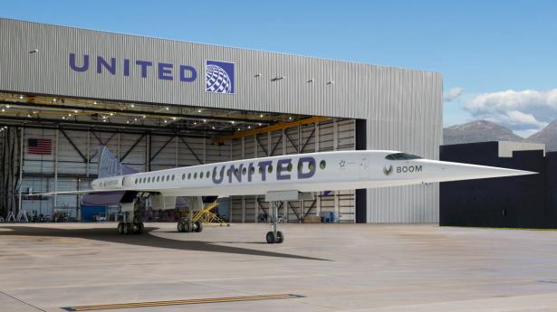 En kunstnerisk gengivelse viser her "Overture"-flyet fra selskabet Boom.