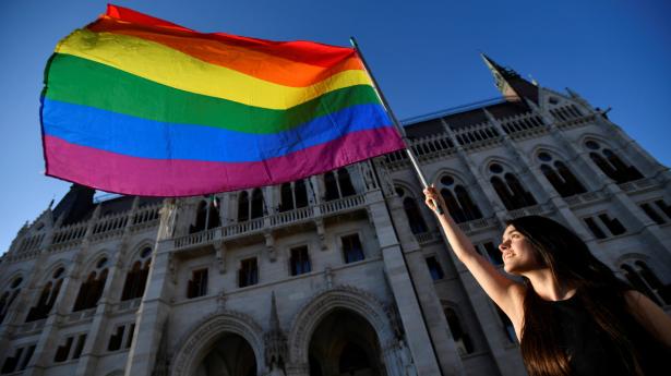 En demonstrant vifter med et regnbueflag foran Ungarns parlament.