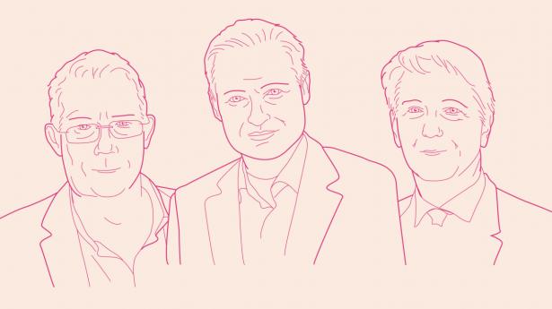 Morten Ravn, professor på University College London (t.v.), Carsten Valgreen, partner i AGM Research (i.m.) og Erik Nielsen, rådgiver i Unicredit (t.h.), spår svære tider for europæisk økonomi. Illustration: Aslak Kelkka