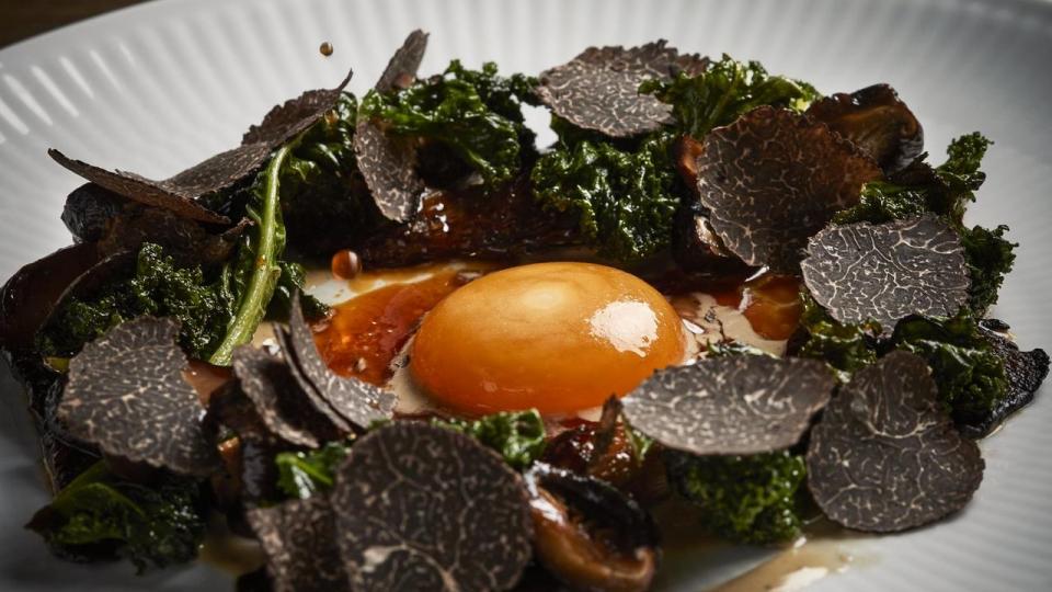 Sojamodnet æggeblomme med grillet vintergrønt, trøfler og sauce på svampe, sherry og brunet smør.