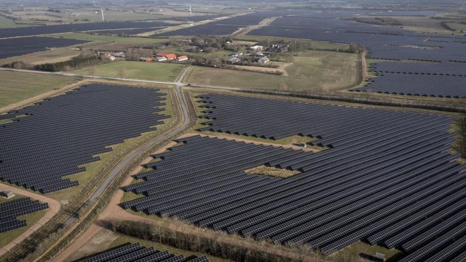 Når solen skinner meget, producerer solcelleanlæg som dette ved Kassø i Sønderjylland masser af strøm. Hvis der produceres mere strøm, end forbrugerne kan aftage, kan det resultere i negative strømpriser.