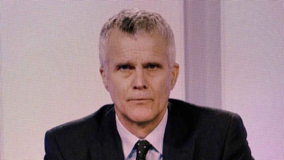 Helge Lund, afgående formand i Novo Nordisk, via videoforbindelse under dagens digitale generalforsamling.