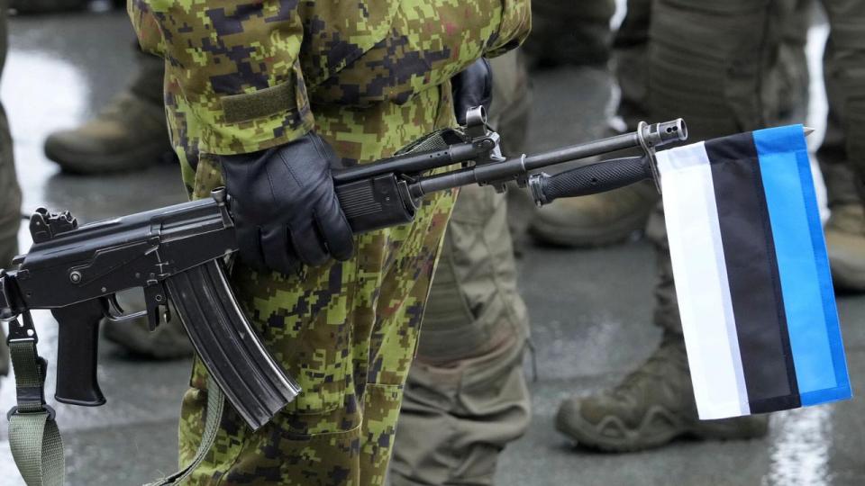 En soldat fra Estlands forsvar holder en riffel i forbindelse med en parade på Estlands uafhængighedsdag.