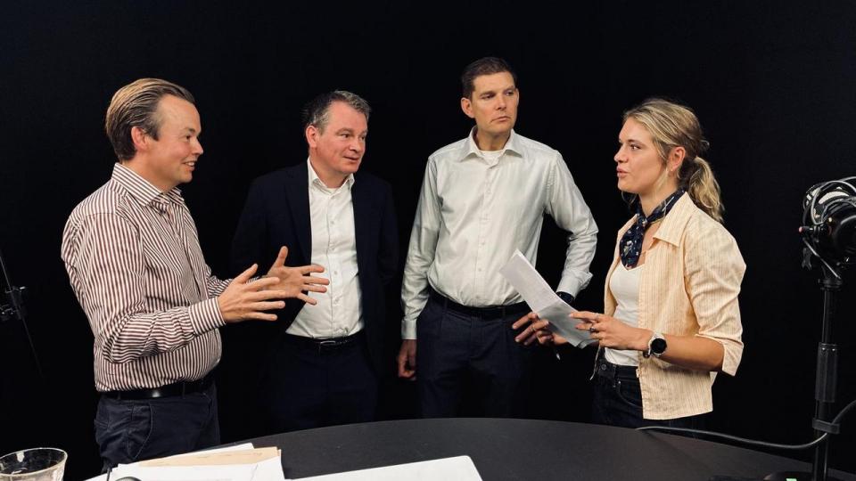 Hvor langt kan Novo-aktien falde? Det diskuterer vi i dagens podcast med (fra venstre): investorredaktør Simon Kirketerp, Michael West Hybholt fra Regulær Invest, Lars Hytting fra Arthascope og journalist Anine Holmelund Frandsen.