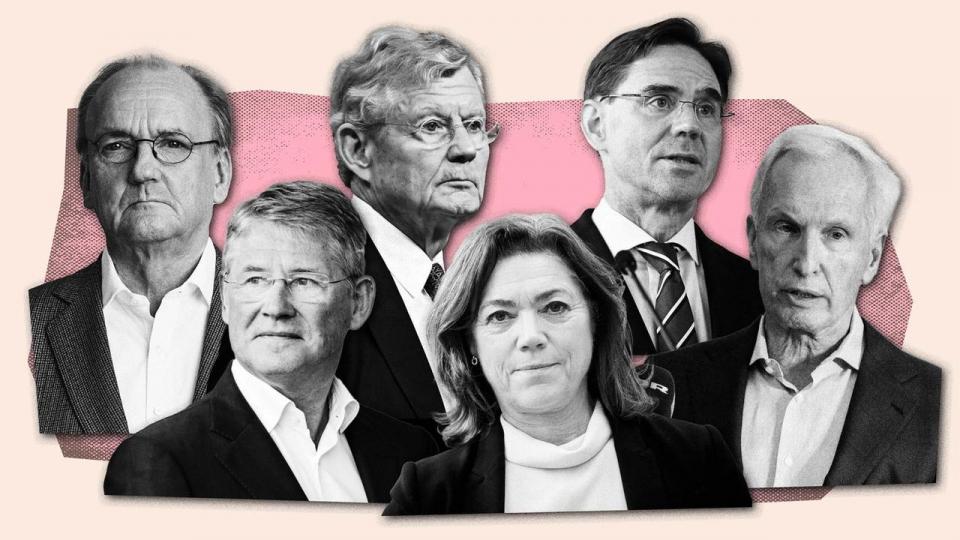 Det er nogle af de tungeste erhvervsprofiler, Nordic Compass vil samle i sin bestyrelse. Fra venstre er det Antti Herlin, Kone-koncernen i Finland, Lars Rebien Sørensen, formand for Novo Nordisk Fonden, Jacob Wallenberg, formand for Sveriges rigeste holdingselskab Investor AB, Kristin Skogen Lund, markant norsk erhvervsprofil, Jyrki Katainen, tidligere Finlands statsminister, og Christian Frigast, stifter af kapitalfonden Axcel og en af initiativtagerne til Nordic Compass.