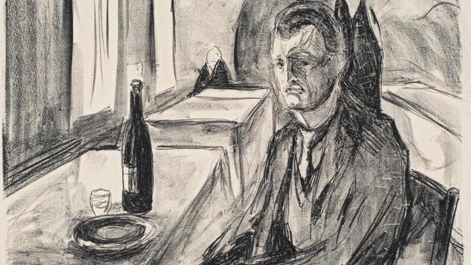 Edvard Munch kæmpede selv i perioder med alkohol og et flosset sind, og de selvportrætter, der er at finde på udstillingen, er derfor ikke entydigt flatterende. Som her: “Selvportræt med vin” fra 1930.
