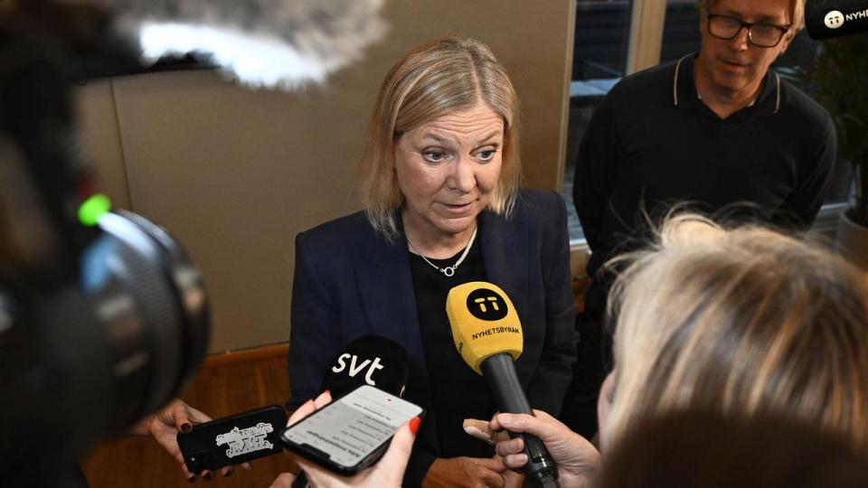 Socialdemokraternas leder, Magdalena Andersson, talte fredag med pressen efter, at hun havde holdt møde med de andre partier i den rød-grønne blok. Tirsdag aflægger hun rapport til Riksdagens formand om sine regeringsforhandlinger.