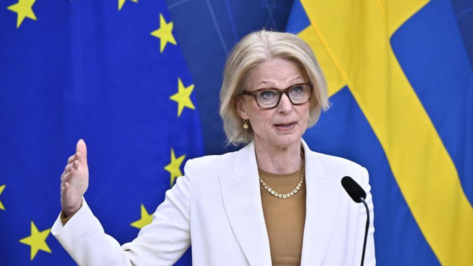 Sveriges finansminister, Elisabeth Svantesson, præsenterer regeringens halvering af momsen på mad, der gælder fra den 1. april.