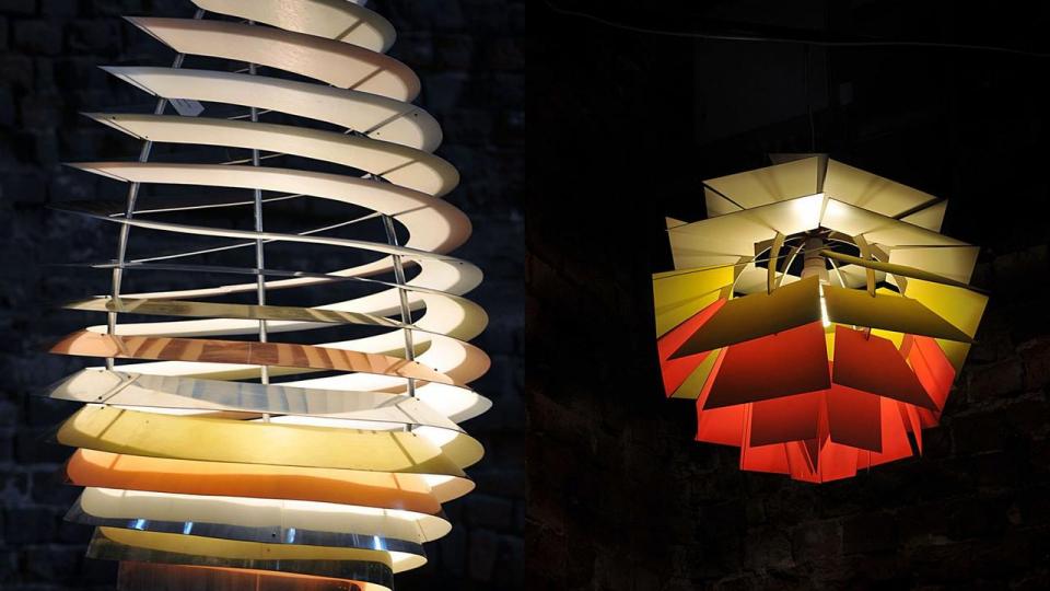 Vurderingerne af de 12 PH-lamper spænder fra 64.000 til 565.000 kr. Det er Spiral-lampen (til venstre), der blev designet til hovedsalen på Aarhus Universitet, som forventes at blive auktionens højdespringer.