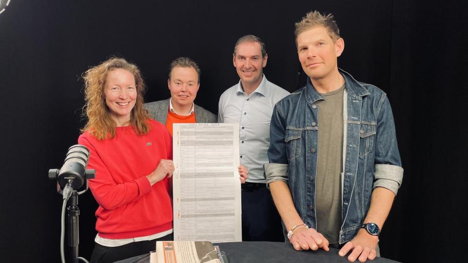 Planchen viser, hvordan de største danske børsnoterede selskaber rammes af toldsatserne, der træder i kraft i dag, 9. april. Jesper Langmack (nr. to fra højre), chef for Polaris Flexible Capital, og Lars Hytting (yderst t.h.), investeringsstrateg i Arthascope, medvirker i denne uges udgave af Børsen Investor podcast med Simon Kirketerp, investorredaktør, og journalist Gro Høyer Thielst.