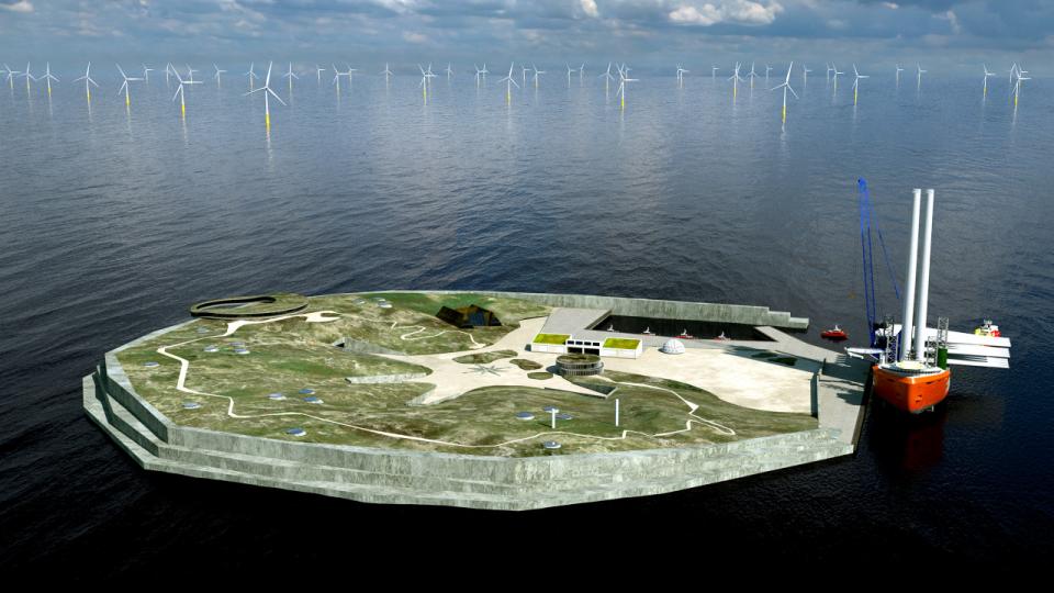 Byggeriet af en energiø i Nordsøen er så økonomisk risikabelt, at det reelt er opgivet. Visualisering: Cowi/Arkitema.