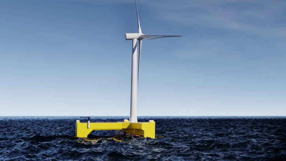 Platforme som denne skal, hvis det står til mastodonter som Ørsted og nye konkurrenter som Floating Power Plant, levere el i områder, hvor havdybden umuliggør konventionelle havvindmøller. Grafik: PR
