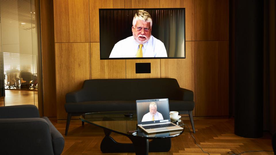 Jesper Jarlbæk repræsenterede B&O-bestyrelsen på selskabets ekstraordinære generalforsamling onsdag, der pga. coronapandemien blev afholdt via videolink. Foto: Jonas Pryner Andersen