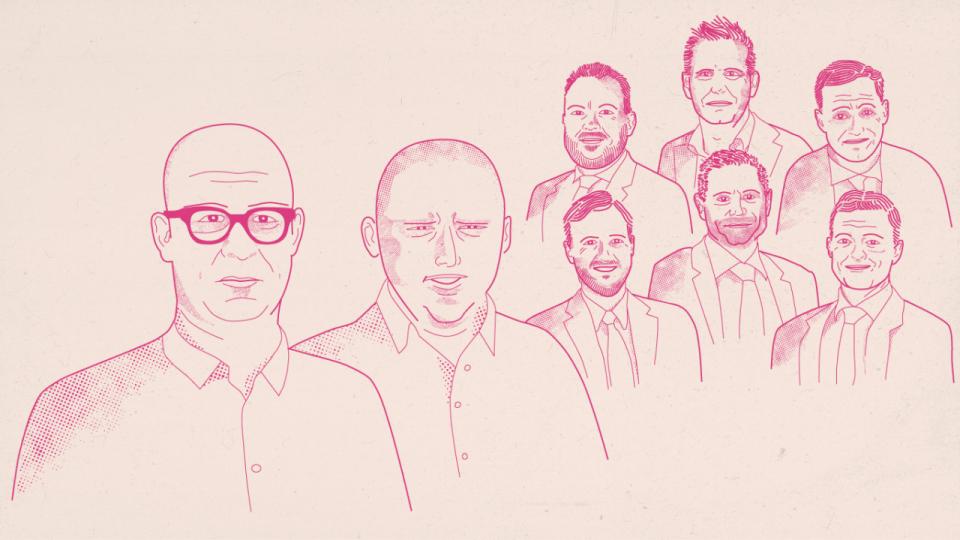 De seks PwC-partnere, Jørgen Rønning Pedersen, Thomas Bjerre, Claus Høegh-Jensen, Klaus Paakjær Okholm, 
Ulrik Ræbild og Michael Eriksen, har lånt omkring 100 mio. kr. ud til et ejendomsselskab, hvor René Ulrik og Martin Larsen (forrest) spiller en nøglerolle.

Illustration: Børsen Grafik